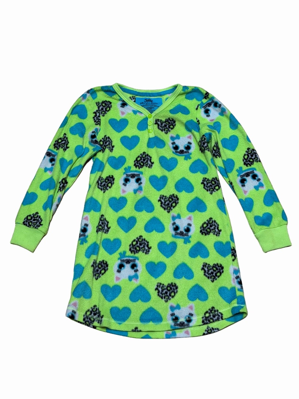 Justice Girls Size 5 Neon Green Fleece Nightgown Owl Hearts Leopard Sleepwear